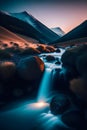 image of the slow exposure photography of water streaming down from the mountainous river. Royalty Free Stock Photo