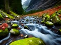 image of the slow exposure photography of water streaming down from the mountainous river. Royalty Free Stock Photo