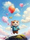 A cute hamster is floating in the air with blue balloons. Royalty Free Stock Photo