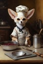 Image of small dog wearing chef's hat and sitting in front of bowl of cranberry sauce. Generative AI