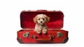 Small fluffy dog sitting in red travel luggage suitcase on white background Royalty Free Stock Photo