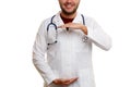 Image of smiling doctor in white coat with phonendoscope holding hands in form of circle Royalty Free Stock Photo