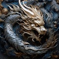 An oriental dragon in blue, gold and silver.