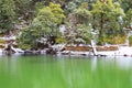 Green Water of Deoria or Deoriya Tal Lake and Snow Covered Trees in Himalayan Forest - Winter Landscape - Uttarakhand, India