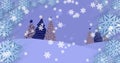 Image of snow falling over christmas tree pattern on blue background Royalty Free Stock Photo