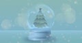 Image of snow globe with christmas tree and shooting star with snow falling Royalty Free Stock Photo