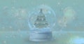 Image of snow globe with christmas tree and shooting star with snow falling Royalty Free Stock Photo