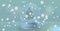 Image of snow globe with christmas tree and shooting star with snow falling Royalty Free Stock Photo