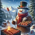 In this image, a snowman is grilling hotdogs and tangerines in a snowy landscape.