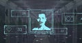 Image of social media icon and numbers with biometric photo over computer servers Royalty Free Stock Photo