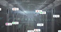 Image of social media icons, changing numbers, cyber security data processing over server room Royalty Free Stock Photo