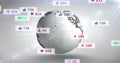 Image of social media icons and gears icons over spinning globe against grey background