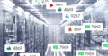 Image of social media icons and numbers and data processing over computer servers Royalty Free Stock Photo