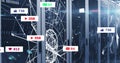 Image of social media icons and numbers and network of connections over computer servers Royalty Free Stock Photo