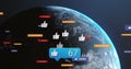 Image of social media icons and numbers over earth globe on blue background Royalty Free Stock Photo