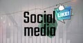 Image of social media text and like icon over decoration and data processing on graph Royalty Free Stock Photo