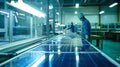An image of a solar panel factory where workers handle sheets of advanced glasslike material used to construct the