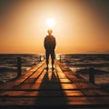 image of a solitary figure standing at the end of the jetty, the sun\'s last rays of light illuminating the distant horizon.