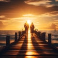 image of a solitary figure standing at the end of the jetty, the sun\'s last rays of light illuminating the distant horizon.