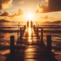 image of a solitary figure standing at the end of the jetty, the sun\'s last rays of light illuminating the distant horizon.