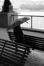 image of a solitary figure with an umbrella sitting on a park bench gazes out at a cityscape