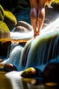 image of someone bare feet soaking and walking in a flowing river stream.