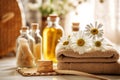 An image of a spa setting with chamomile-infused water, towels, and bath products, capturing the soothing and rejuvenating Royalty Free Stock Photo