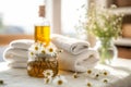 An image of a spa setting with chamomile-infused water, towels, and bath products, capturing the soothing and rejuvenating