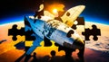 An image of space shuttle puzzle piece with the earth in the background. Generative AI Royalty Free Stock Photo