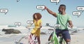 Image of speech bubbles with lol text over happy couple riding bikes on beach