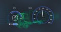 Image of speedometer over electric truck project on navy background