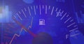 Image of speedometer and statistical data processing against light spot on blue background Royalty Free Stock Photo