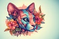 Image of a sphynx cat surrounded by colorful tropical flowers. Pet, Animals. Illustration, Generative AI Royalty Free Stock Photo