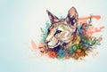 Image of a sphynx cat surrounded by colorful tropical flowers. Pet, Animals. Illustration, Generative AI Royalty Free Stock Photo