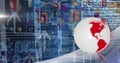 Image of spinning globe, digital icons and data processing over empty computer server room Royalty Free Stock Photo