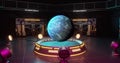 Image of spinning globe over cyber room