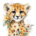 Spring cheetah watercolor illustration, spring clipart