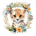 Spring cheetah watercolor illustration, spring clipart