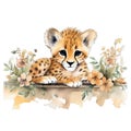 Spring cheetah watercolor illustration, spring clipart