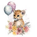 Spring cheetah watercolor illustration, spring clipart