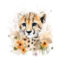 Spring cheetah watercolor illustration, spring clipart