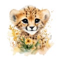 Spring cheetah watercolor illustration, spring clipart