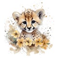 Spring cheetah watercolor illustration, spring clipart