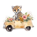 Spring cheetah watercolor illustration, spring clipart