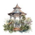 Spring garden gazebo watercolor illustration, spring clipart Royalty Free Stock Photo