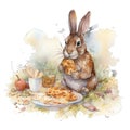 Spring rabbit eating food in picnic watercolor illustration, spring clipart