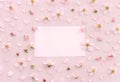 image of spring white cherry blossoms tree and empty paper over pink pastel background Royalty Free Stock Photo