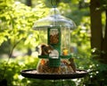The backyard is filled with towering trees and a squirrel proof feeders. Royalty Free Stock Photo