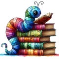 image of a stack of random colorful books with patchwork bookworm on it.