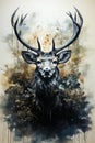 Image of stag with horns and flowers in the background. Generative AI